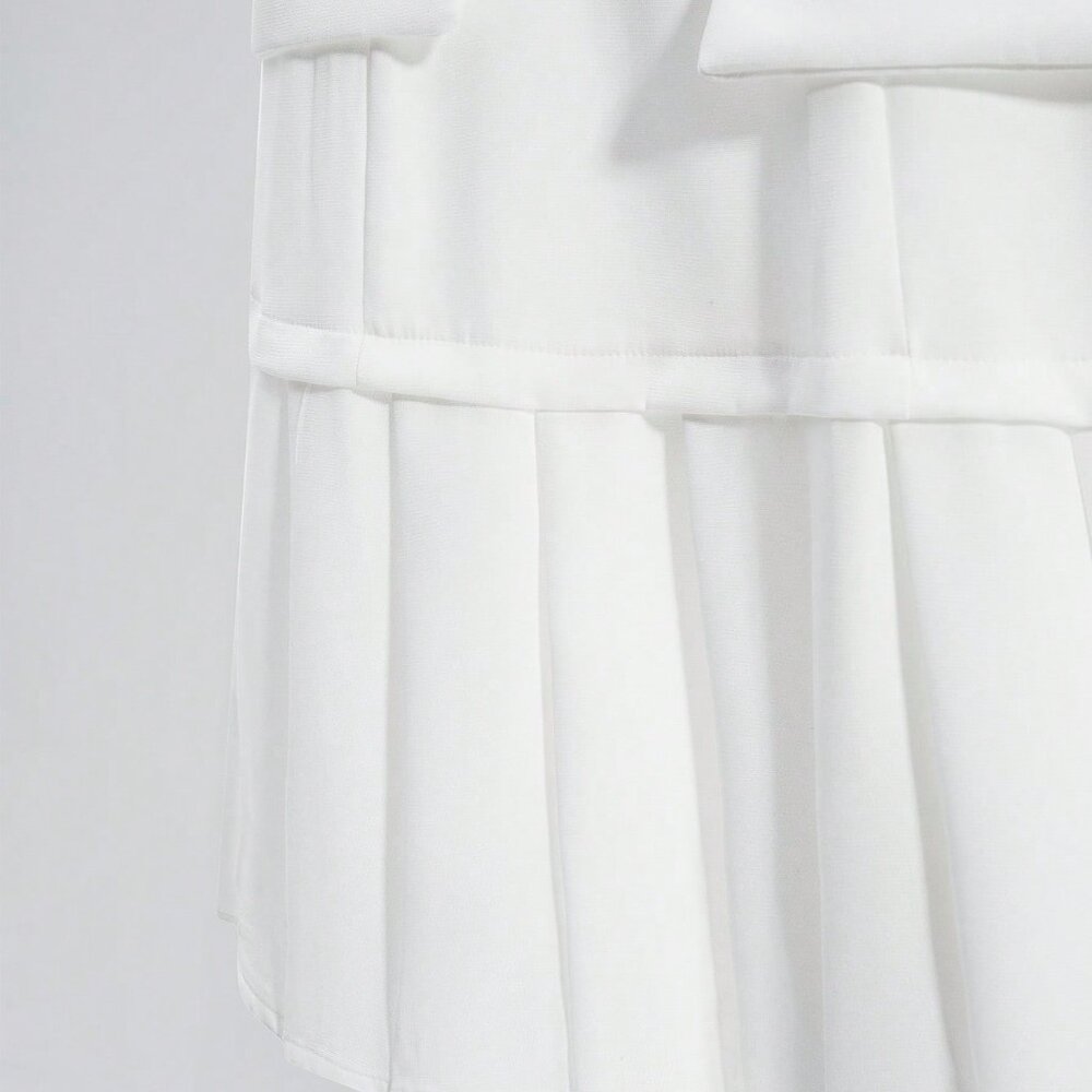 White Casual Women's French Sleeveless Cinched Waist Pleated Dress - Picture 5 of 8